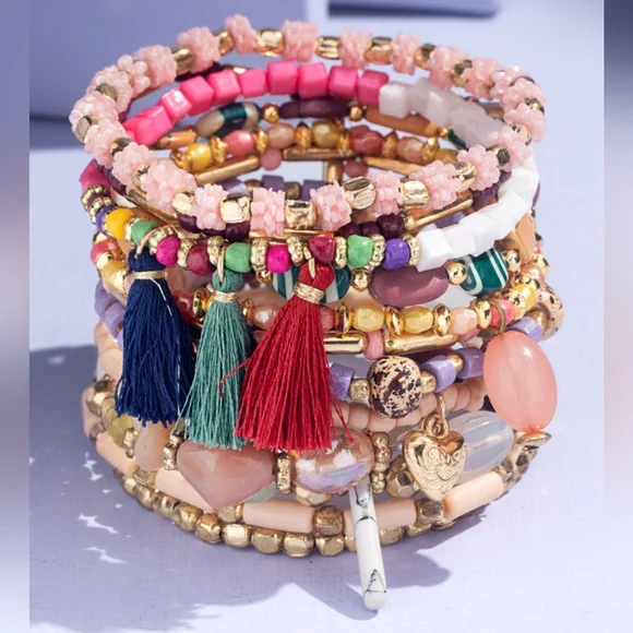 Pink Bohemian Multi Strand Stretch Bracelet w Tassles & Charms - Picture 4 of 5
